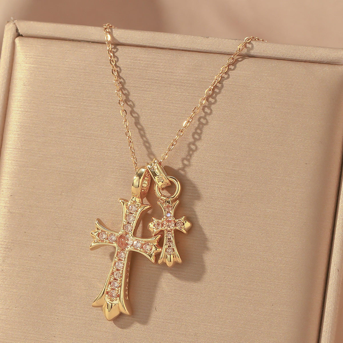 Luxury Sweet Double Cross Pendant Plated Titanium Steel Necklace with Curb Chain for Women