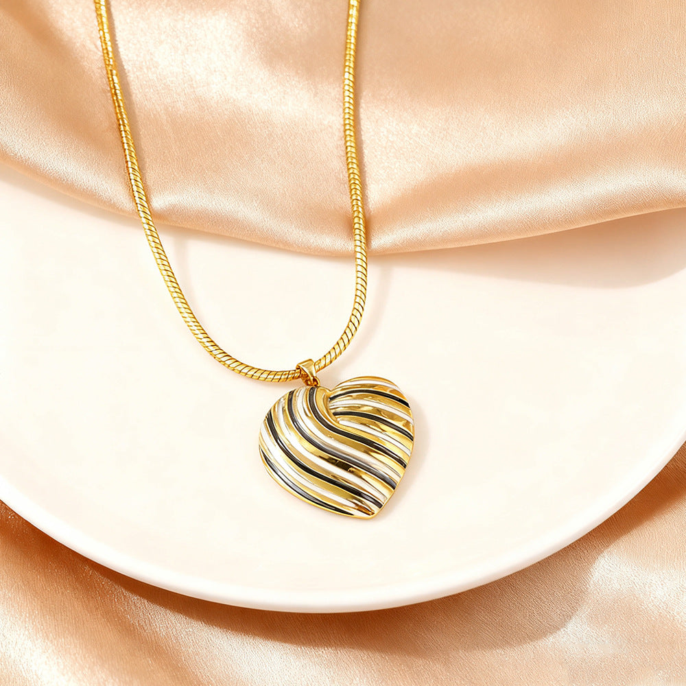 Casual Striped Heart Drip Oil Plated Stainless Steel Necklace for Women