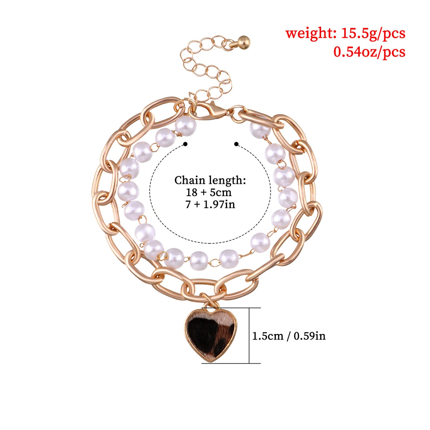 Fashion Casual Leopard Print Heart-Shaped Alloy Bracelet with Pearl-Embellished Chain for Women