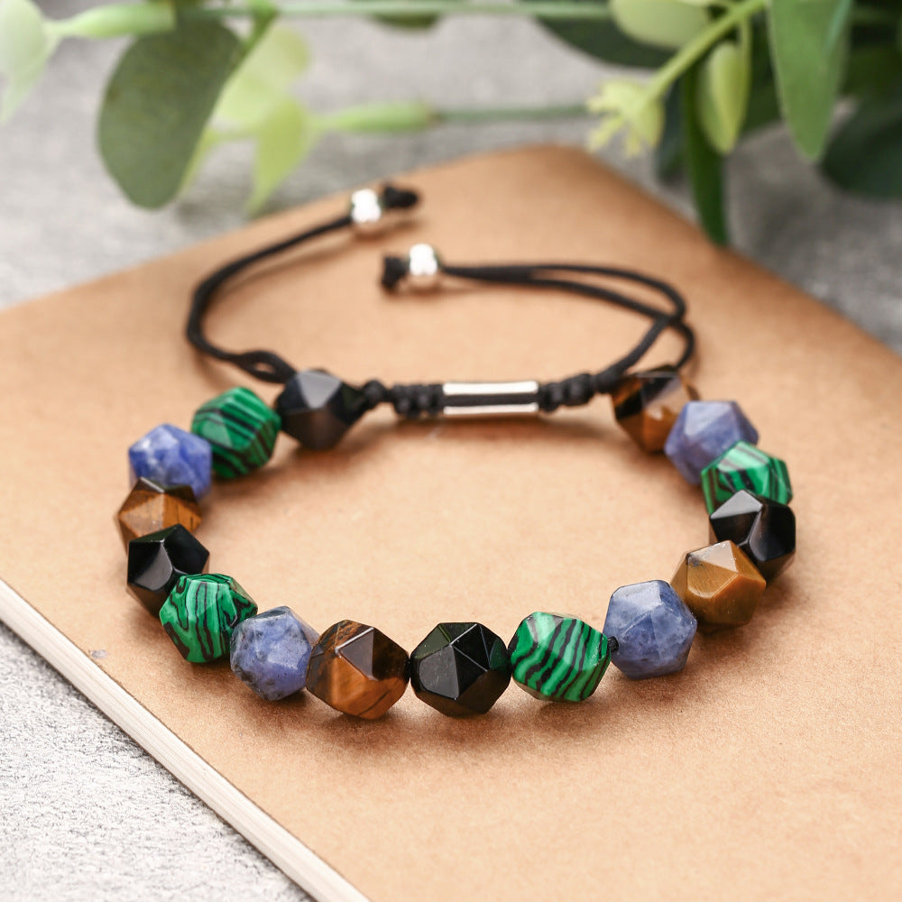 Geometric Faceted Tiger's Eye and Malachite Octagon Bead Handmade Bracelet