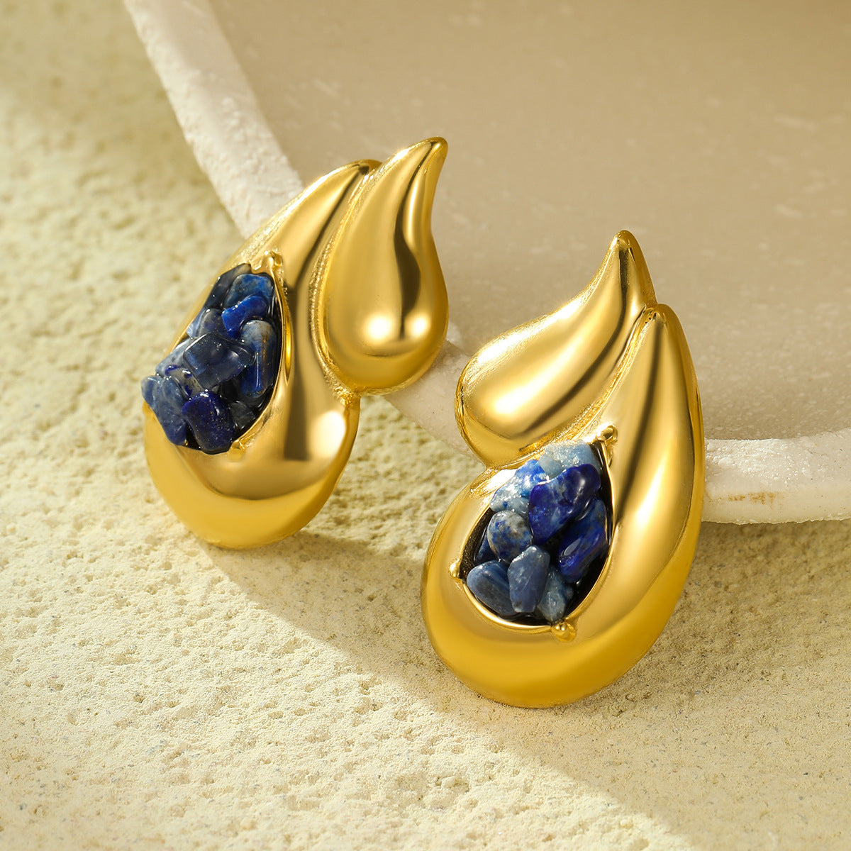 Orecchini a Goccia Doppi in Acciaio al Titanio Lucidato Stile Vintage Minimalista con Dettagli in Pietra Naturale e Placcatura in Oro 18K