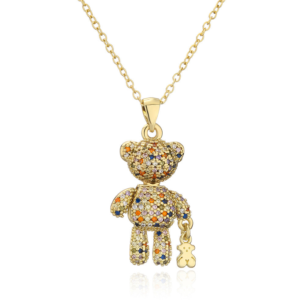 Collana con ciondolo a forma di orsetto per donna in rame con intarsio di zirconi, catena a O, design geometrico