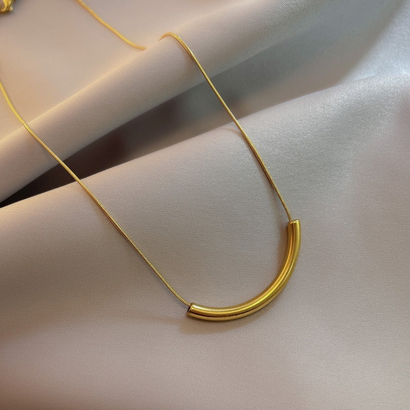 Minimalist Smiling Curve Pendant Necklace in Titanium Steel with Plated Finish, Snake Chain, Unisex Geometric Locket Jewelry