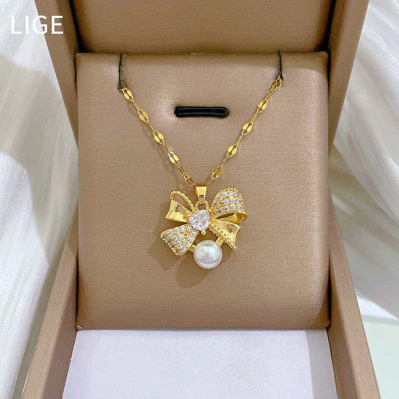 Juego de collar y pendientes de mariposa de acero de titanio de lujo con incrustaciones de diamantes de imitación para mujer, joyería elegante de noche inspirada en perlas