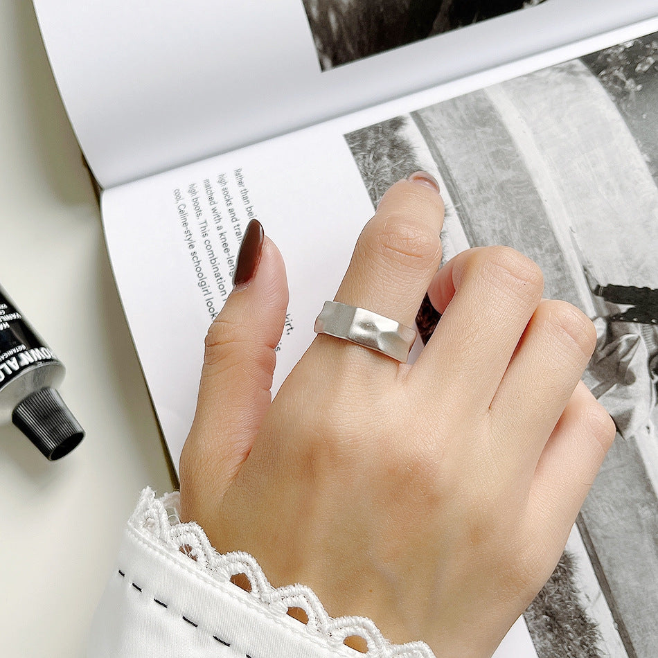 Minimalist 925 Sterling Silver Geometric Matte Plated Irregular Open Ring for Women
