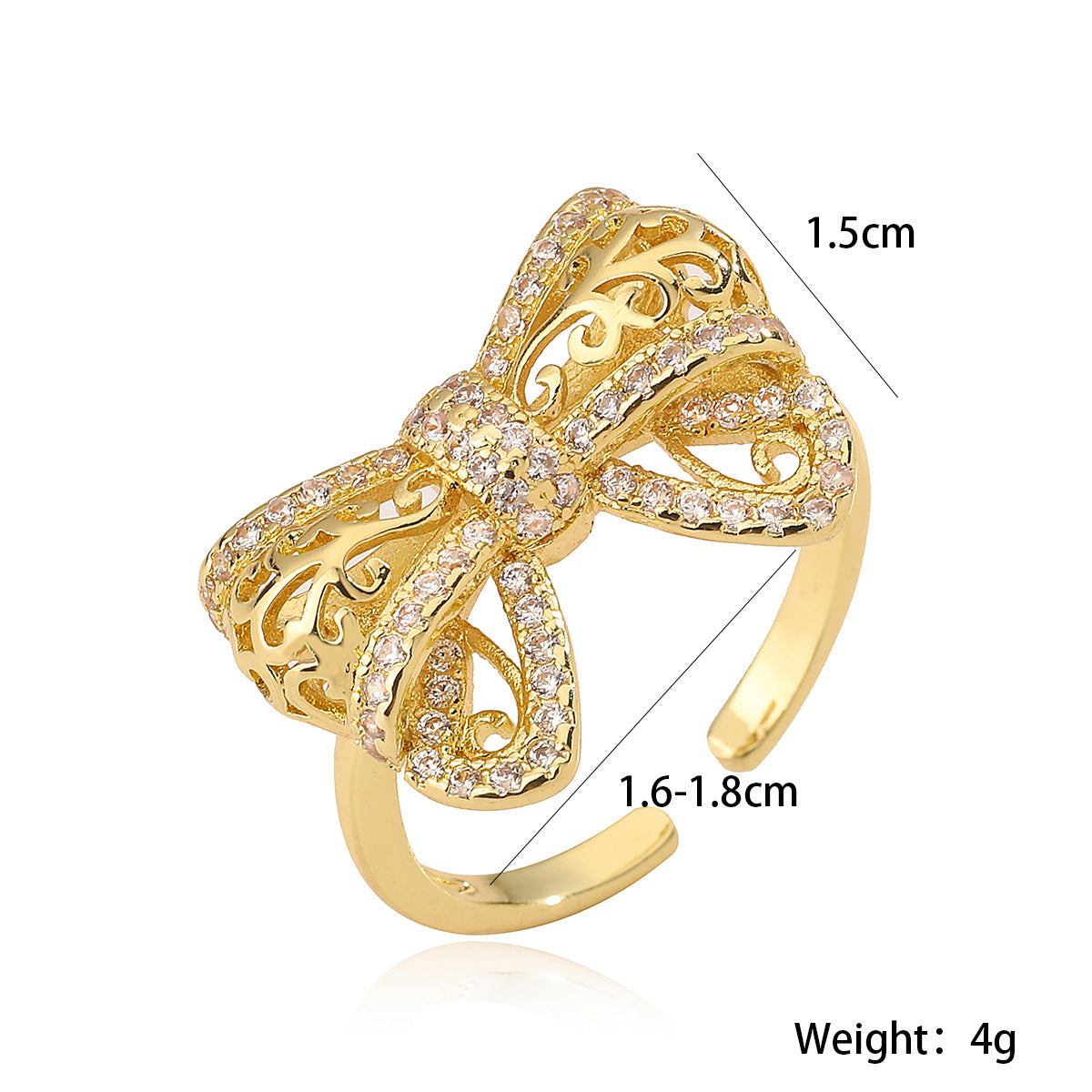 Minimalist Bowknot-Shaped Hollow-Out Copper Ring with 18K Gold Plating and Zircon Inlay for Women