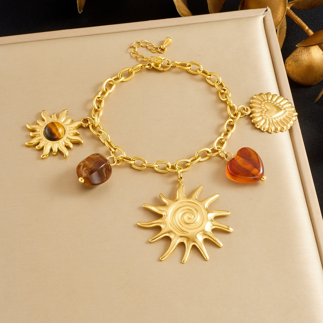 Vintage Gold Plated Stainless Steel Heart Sun Tiger's Eye Pendant Necklace and Bracelet Set with Cable Chain
