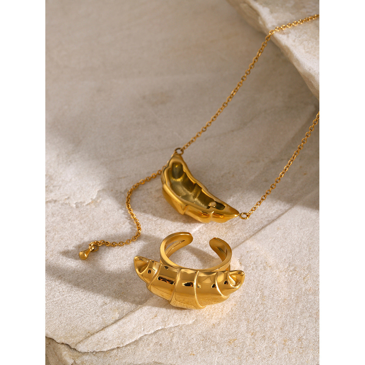 Ins Style Geometric Croissant Tassel Pendant Necklace and Ring Set 18K Gold Plated Stainless Steel
