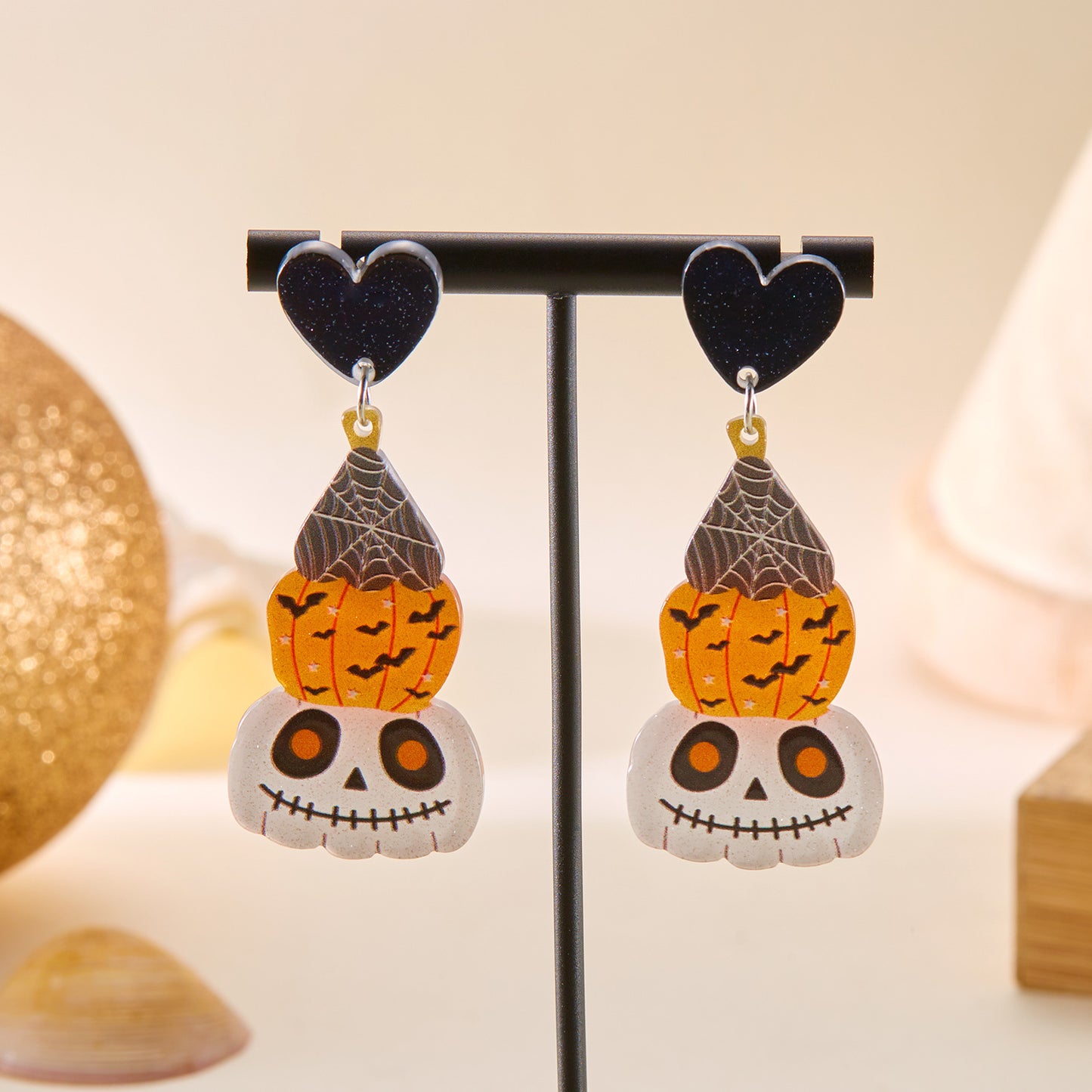 Orecchini pendenti creativi di Halloween in acrilico con foglie, motivi di zucca e pipistrello, finitura galvanizzata, abbigliamento da ufficio alla moda