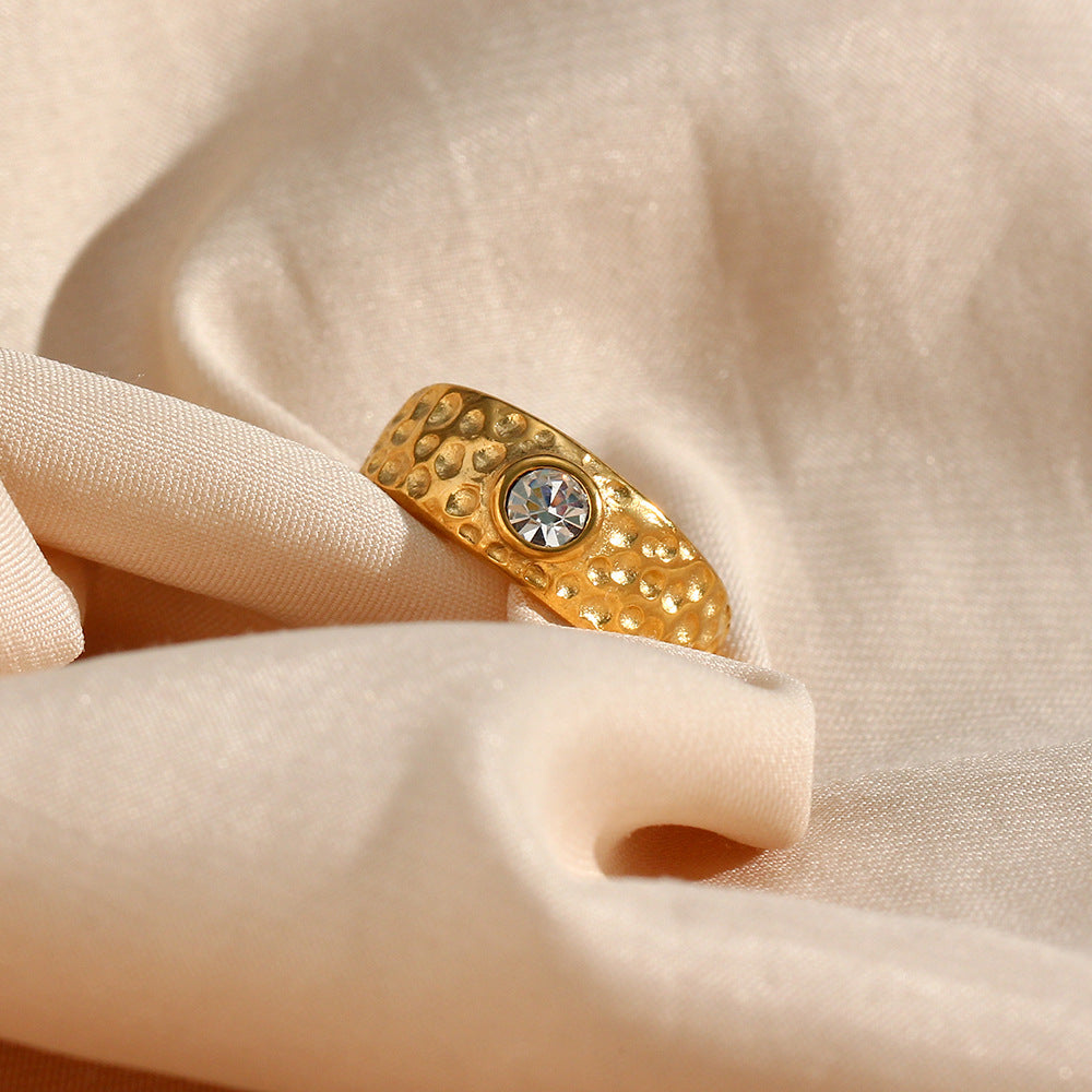Minimalist Geometric Stainless Steel Plated 18K Gold Moon Surface Ring with Zirconia Accent for Women