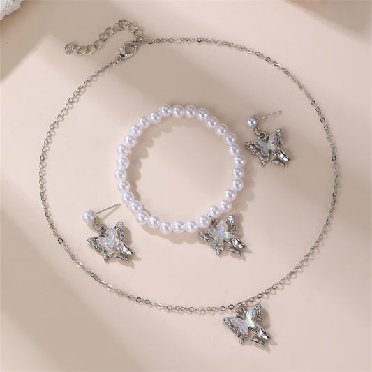Minimalist Bow-Shaped Pearl and Resin Pendant Necklace Set for Girls with Enamel Finish and Beaded Chain