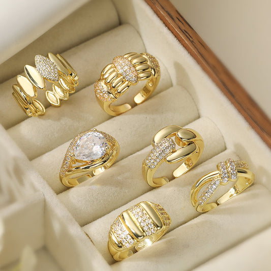 Minimalist Elegant 18K Gold Plated Brass Geometric Micro-Inlaid Cubic Zirconia Open Ring for Women