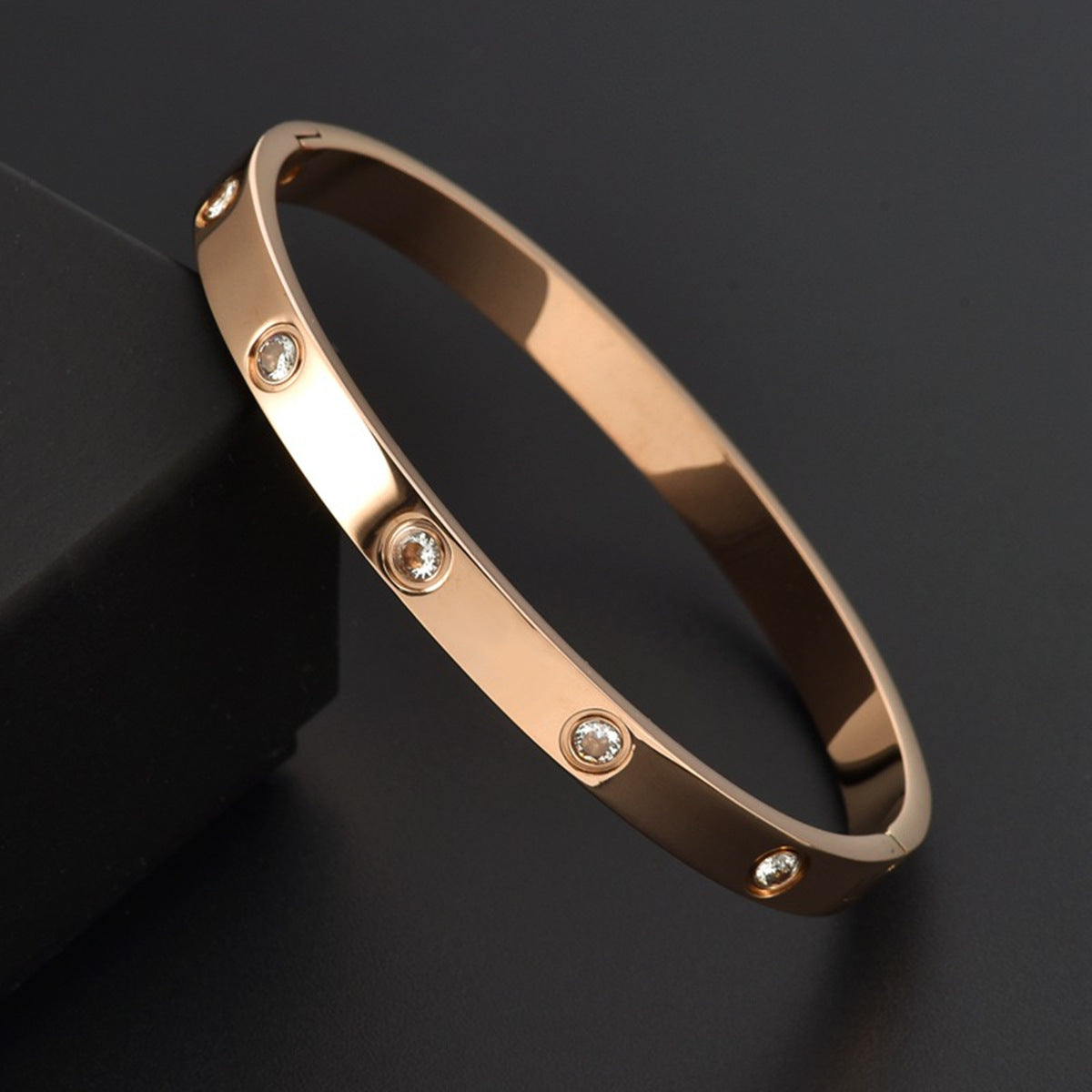 Minimalist Stainless Steel Polished Bracelet with Rhinestone Inlay, Hypoallergenic Fashion Jewelry for Women