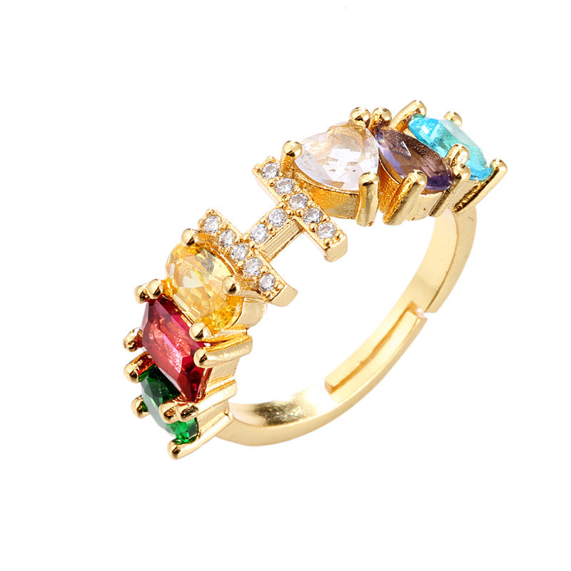Hand-Set Cubic Zirconia Letter Open Ring Gold Plated Brass Adjustable Women