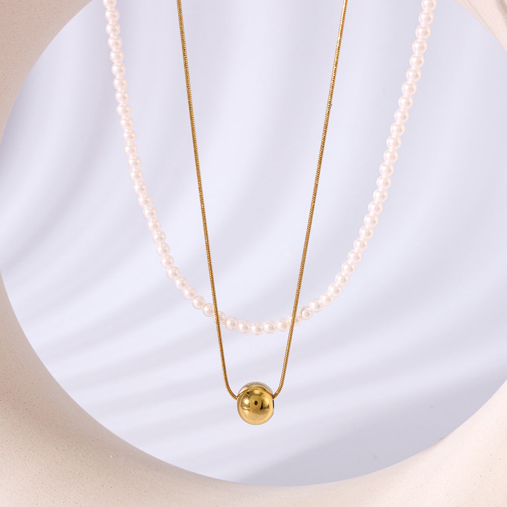 Minimalist Geometric Round Ball Pendant Necklace with 18K Gold Plating Stainless Steel Chain and Pearl Accent for Women
