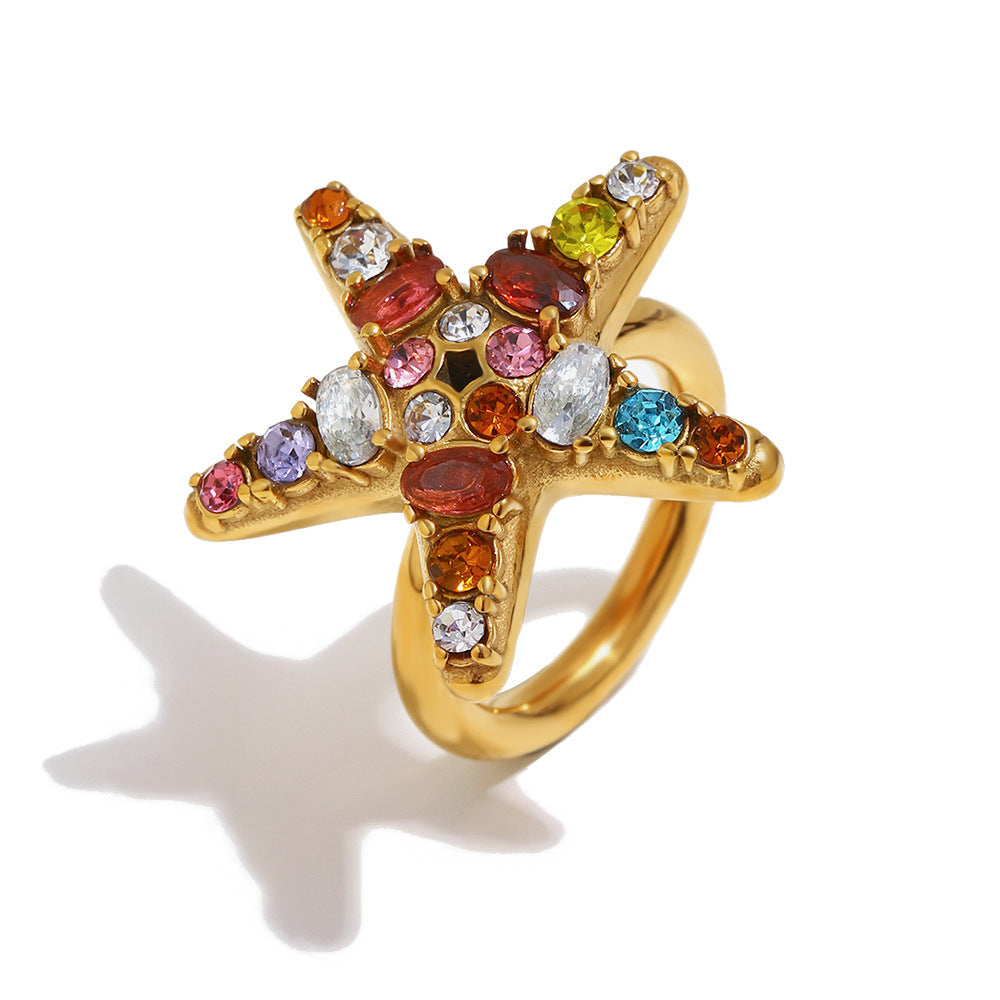 Creative Minimalist Star Geometric Stainless Steel Gold Plated Cubic Zirconia Ring for Women