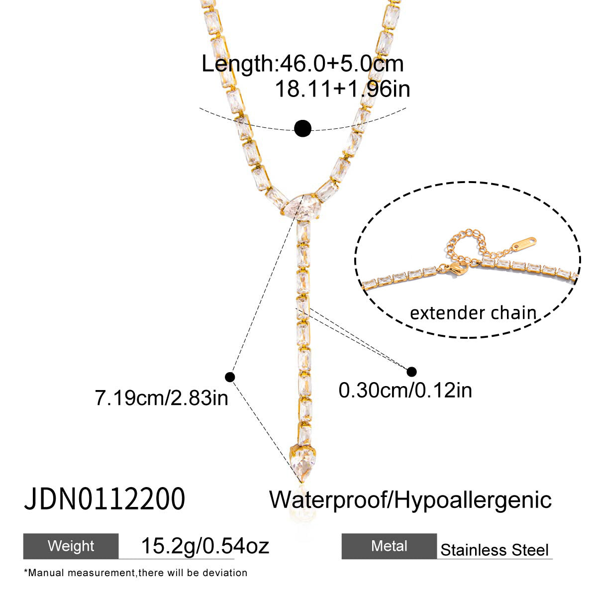 Elegante collar tipo Y minimalista geométrico de circonita cúbica incrustada en acero inoxidable con cadena de serpiente para mujer