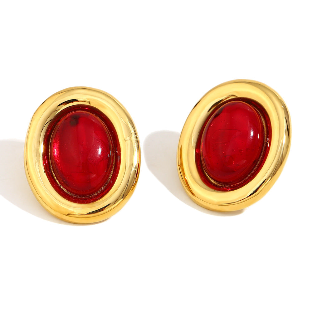 Minimalist Geometric Red Agate Stud Earrings in Stainless Steel with 18K Gold Plating for Women