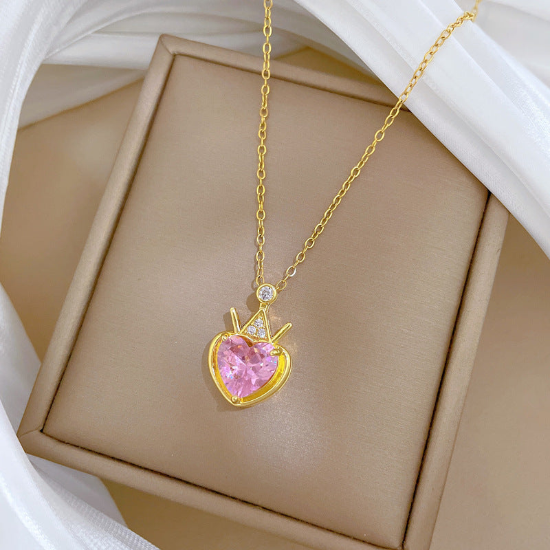 Collar con Colgante de Corazón de Corona Estilo Caricatura para Mujeres y Hombres, Cadena de Acero Inoxidable con Medallón y Detalles Completos de Diamantes de Imitación
