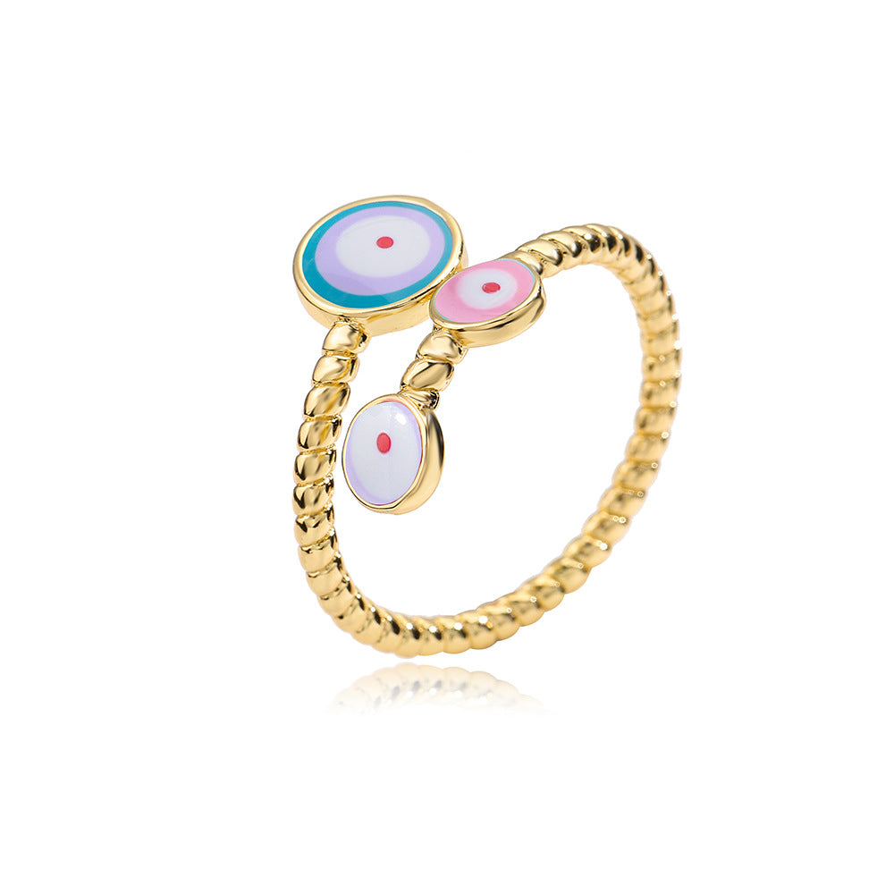 Minimalist Geometric Open Ring for Women in Brass with Gold Plating and Enamel Eye Detail