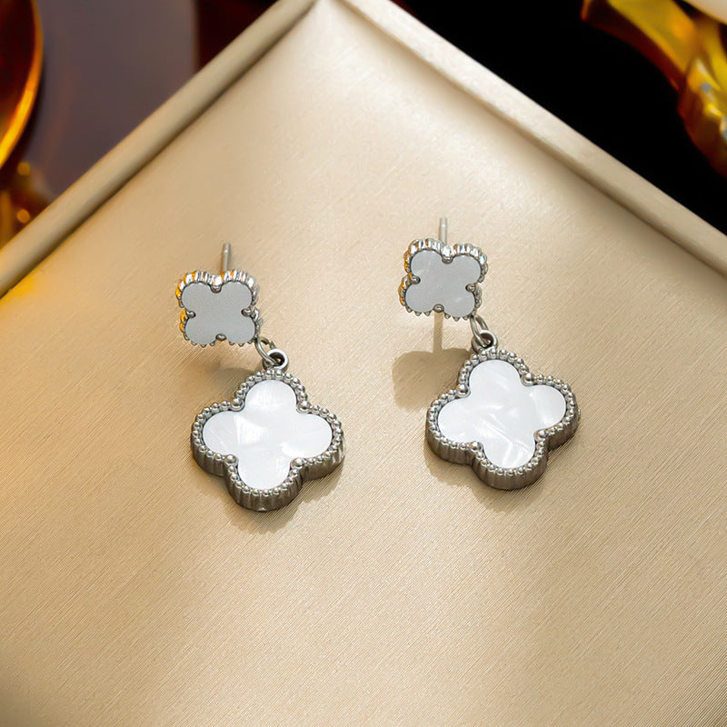 Minimalist Four-Leaf Clover Dangle Stud Earrings in Titanium Steel with Electroplated Finish for Women