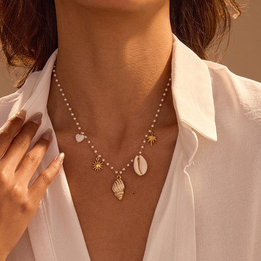 Elegant French-Inspired Ocean-Themed Stainless Steel Seashell Pendant Necklace with Plated Finish for Women