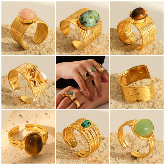 Anello vintage francese geometrico in acciaio inossidabile con intarsio in pietra naturale per donna, fascia in acciaio al titanio ipoallergenico, finitura galvanica