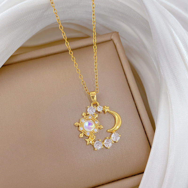 Sweet Minimalist Moon Star Geometric Rhinestone Titanium Steel Necklace for Unisex