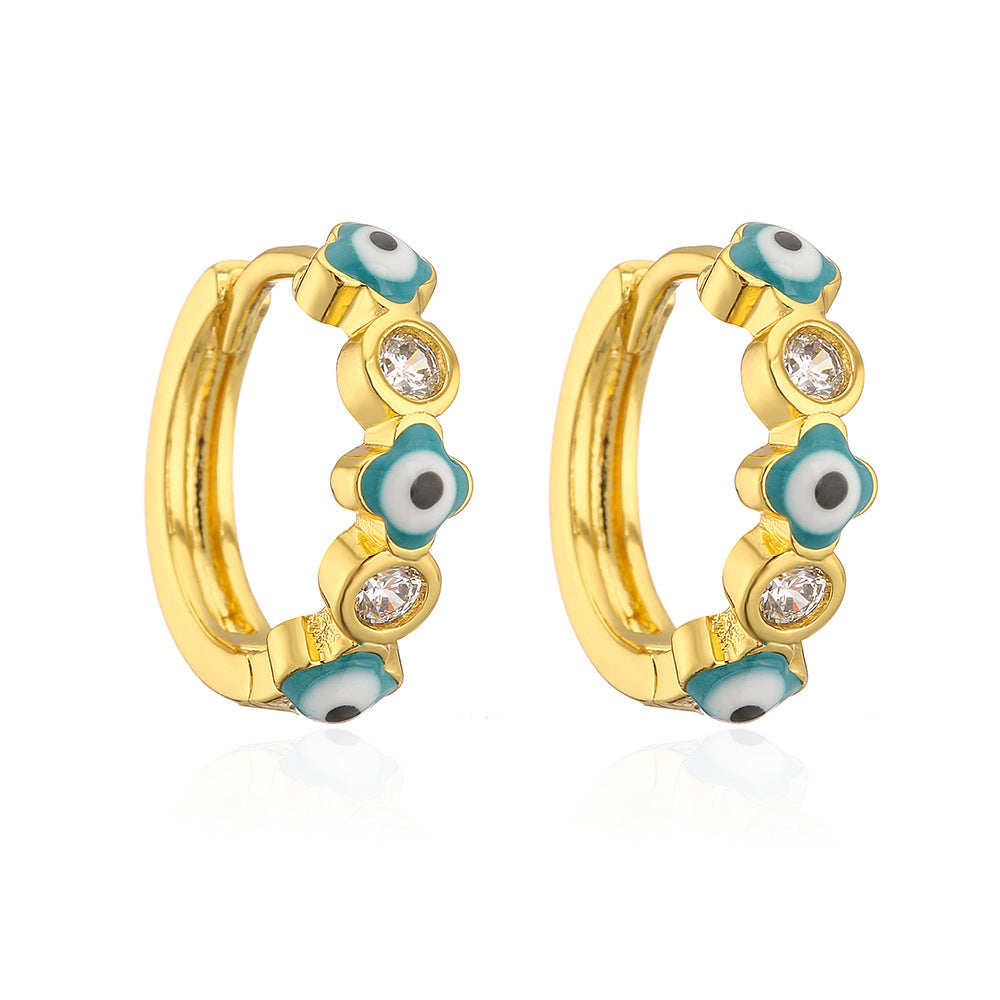 Orecchini da donna geometrici mini retrò a forma di occhio diabolico in rame con placcatura in oro 18K e intarsio di zirconi