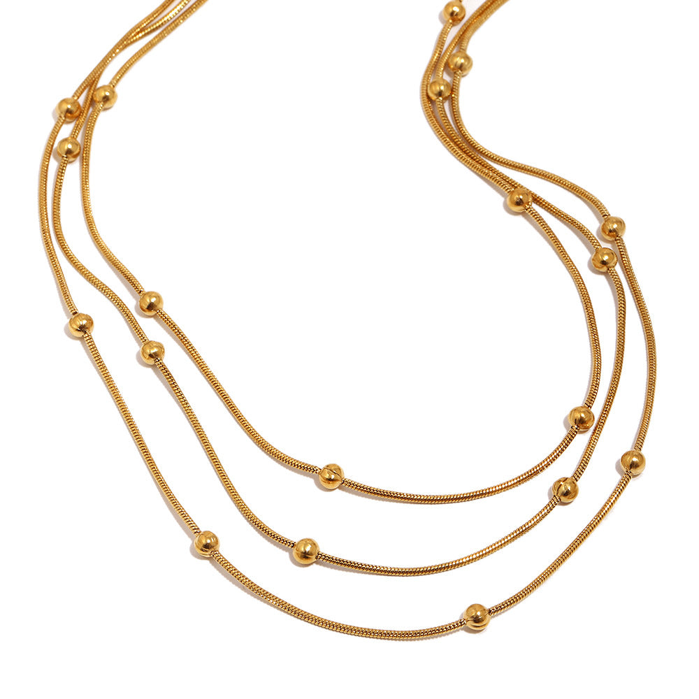 Minimalist Luxury 18K Gold Plated Geometric Stainless Steel Multi-Layer Snake Chain Beaded Necklace for Women