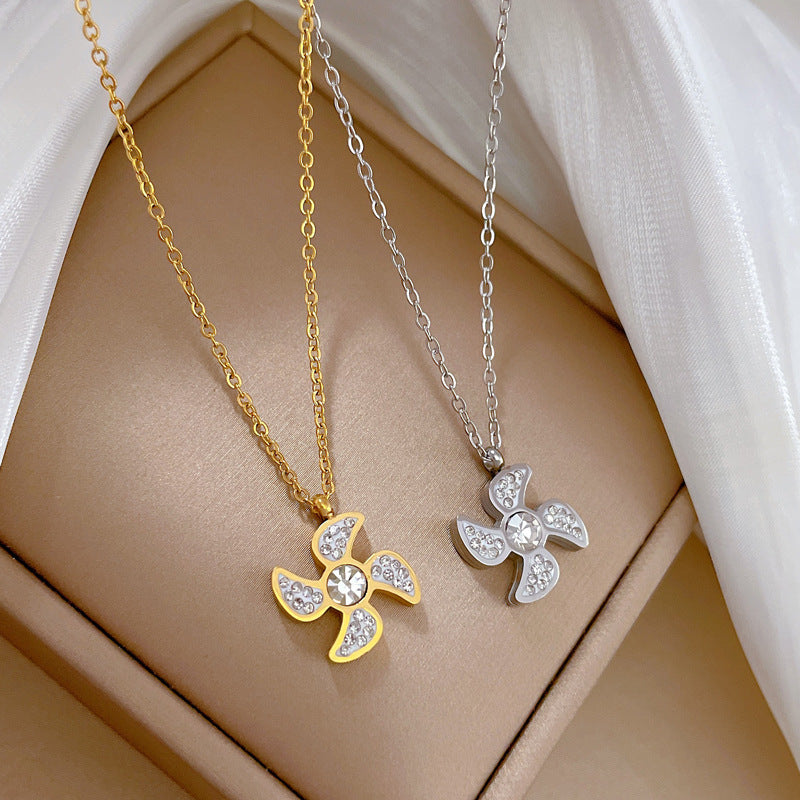Minimalist Geometric Windmill Pendant Necklace for Women and Men in Titanium Steel with Gold Plating