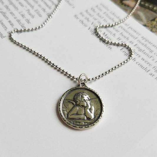 Vintage 925 Sterling Silver Round Geometric Guardian Angel Pendant Necklace for Women