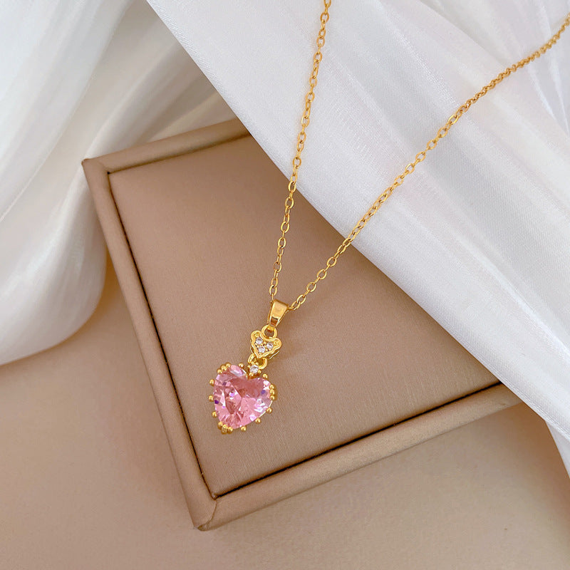 Pink Heart Rhinestone Luxury Titanium Steel Clavicle Necklace