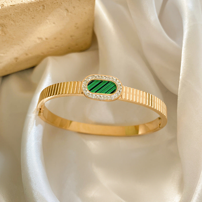 Vintage Geometric Rhinestone Green Pattern Plated Titanium Steel Bracelet
