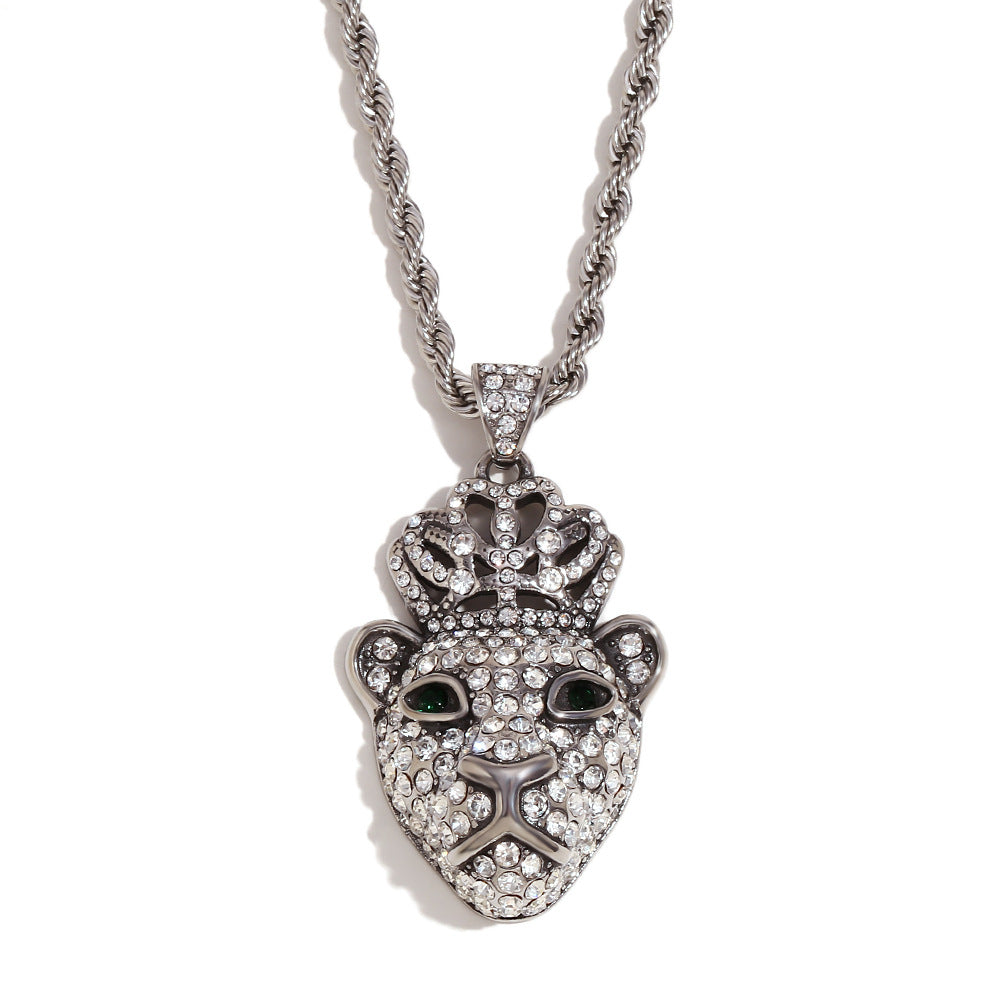 Hip Hop Style Monkey Pendant Necklace for Men Stainless Steel with 18K Gold Plating and Full Rhinestone Crown Design on Twisted Chain