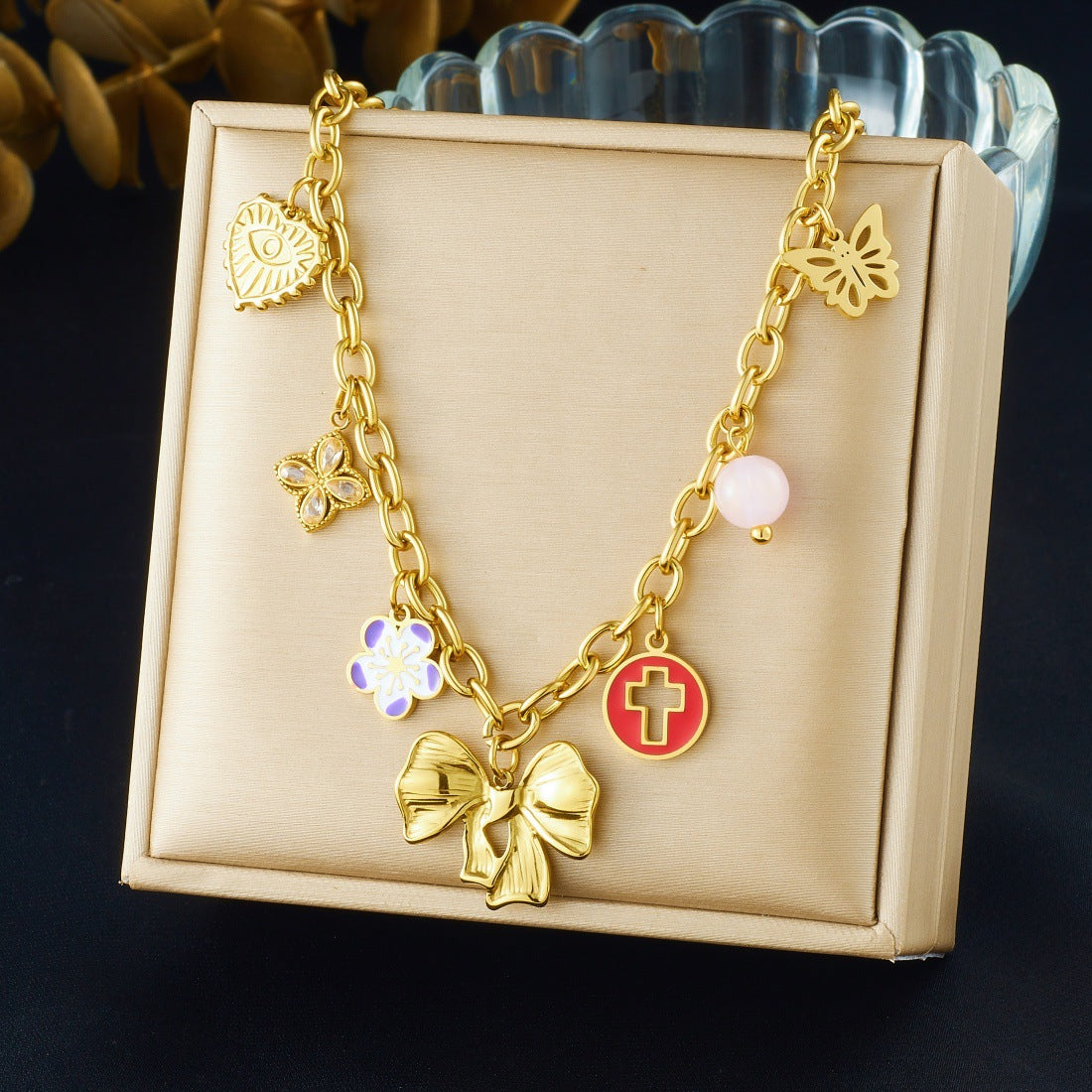 Chic Gold Plated Drip Oil Heart Floral Star Round Stainless Steel Pendant Necklace for Women