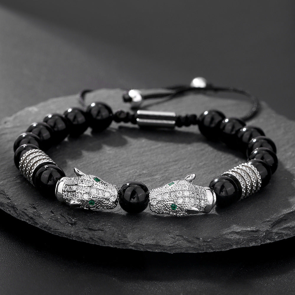 Hip-hop Micro-inlaid Cubic Zirconia Leopard Head Adjustable Stainless Steel Bracelet with Black Agate