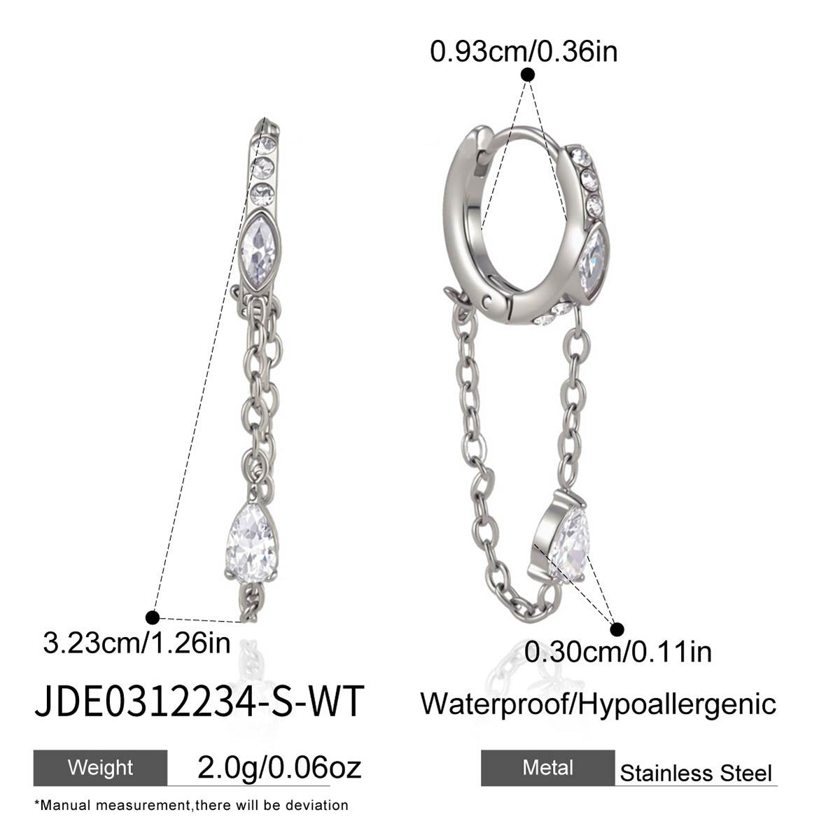 Elegant Green Cubic Zirconia Geometric Square Plated Stainless Steel Tassel Clip-on Earrings for Women
