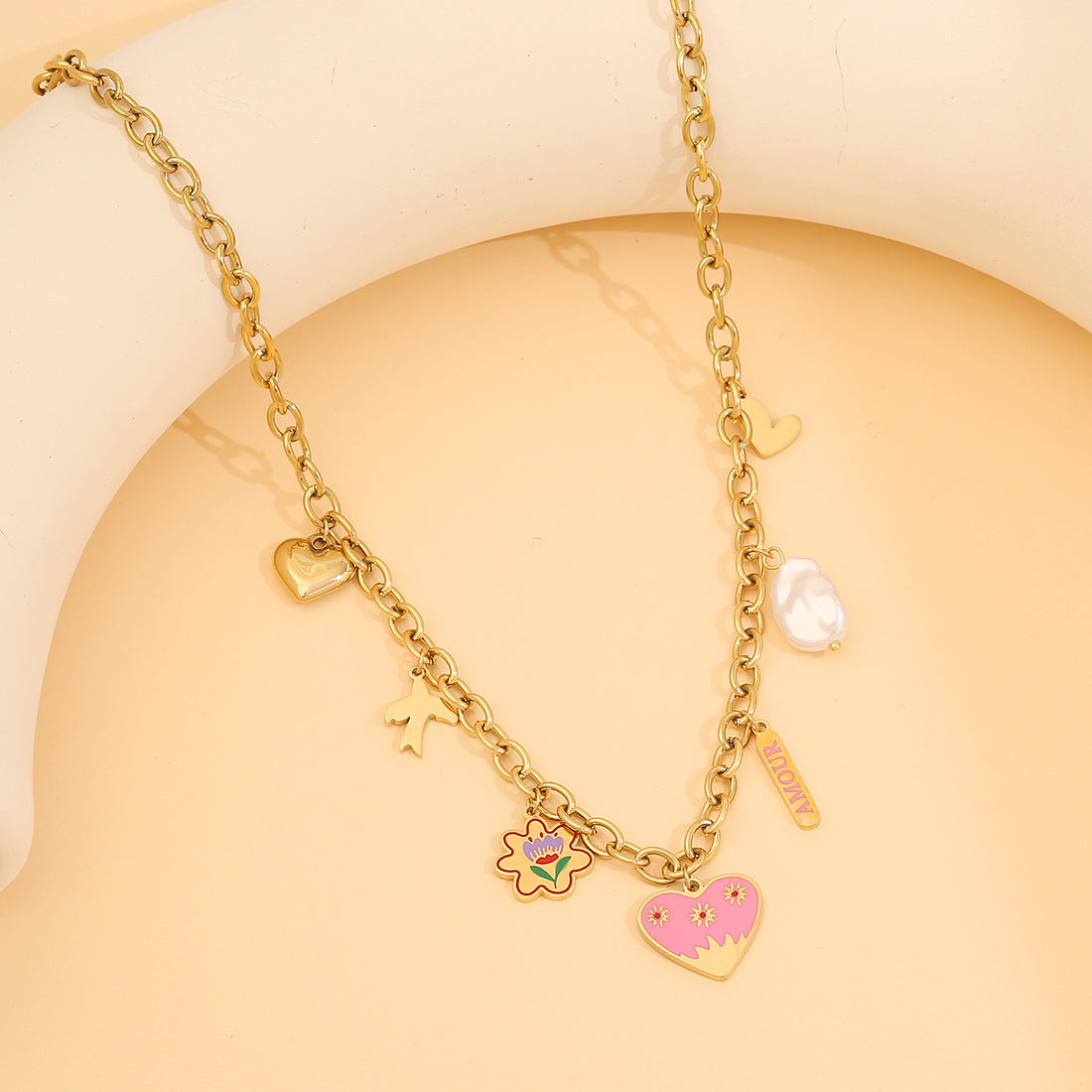 Collana con ciondolo a forma di cuore in smalto, stile OL, in acciaio inossidabile, alla moda, per donne