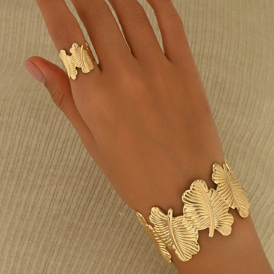 Conjunto de Pulsera y Anillo de Aleación con Forma de Hoja Estilo OL de Moda y Acabado Chapado para Mujer