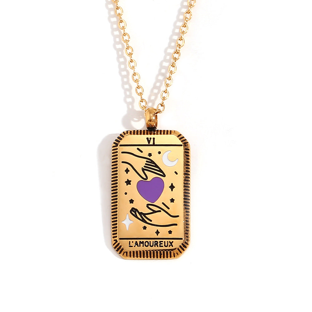 Collana con ciondolo quadrato minimalista a tarocchi da donna in acciaio al titanio con placcatura in oro 18 carati e design geometrico
