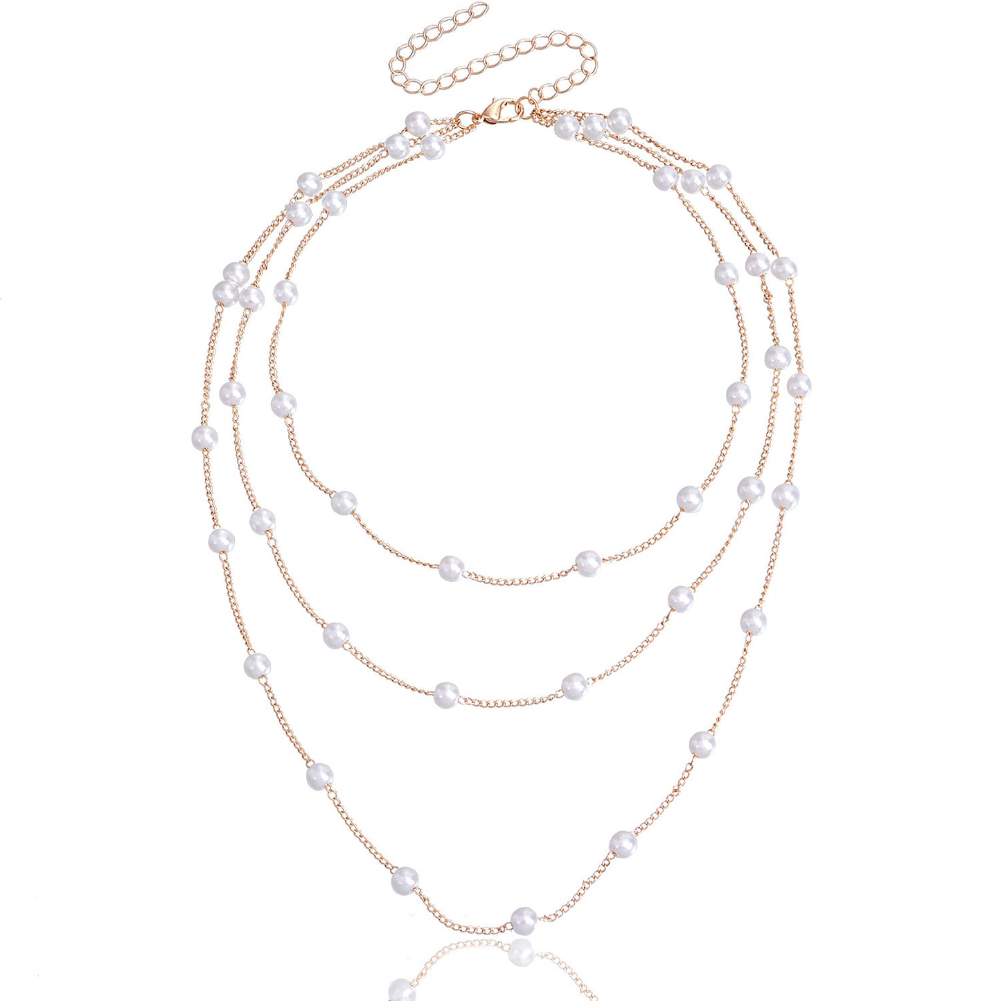 Minimalist Geometric Alloy Pendant Necklace for Women with Plated Finish and Multi-Layer Pearl Chain