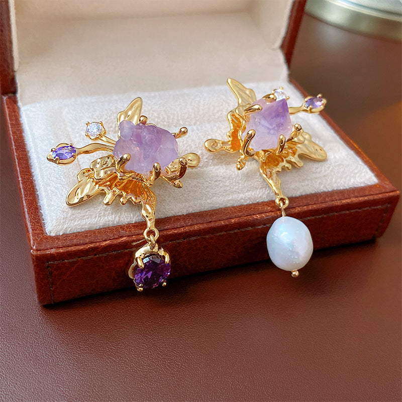 Baroque-Style Asymmetrical Freshwater Pearl and Zircon Butterfly Earrings in Sterling Silver for Women