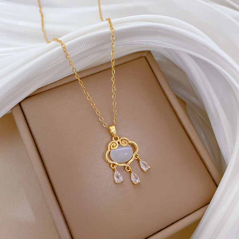 Luxury Titanium Steel Cat's Eye Stone Lucky Lock Pendant Necklace for Women with Full Rhinestone Inlay and Geometric Design for Clavicle Styling