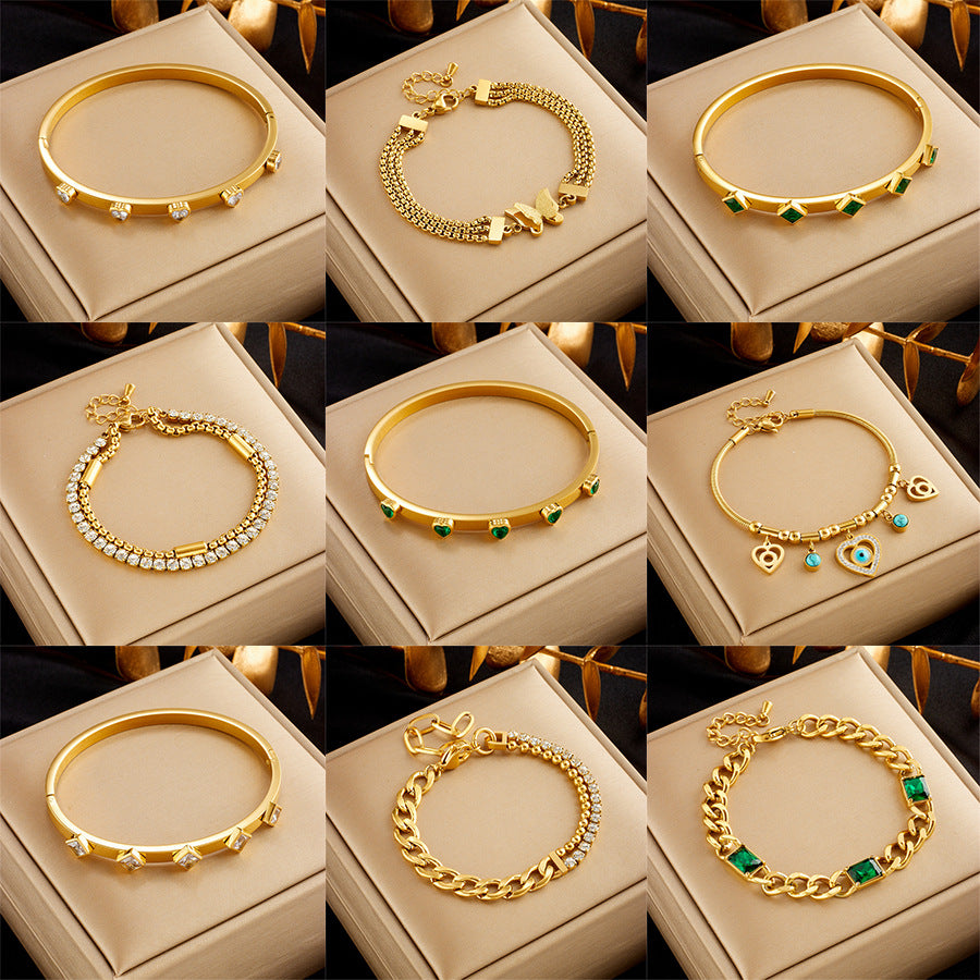 Fashionable Minimalist Heart-Shaped Rhinestone-Embellished Stainless Steel Bracelet with Multi-Layer Snake Chain and Butterfly Charm for Women