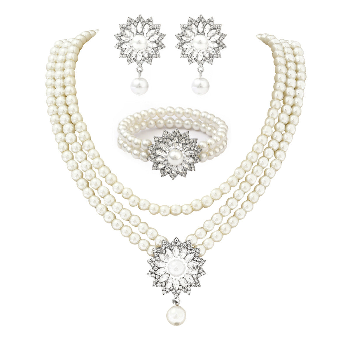 Luxury Floral Pearl Necklace Set for Women Geometric Alloy Pendant with Rhinestone Inlay Snake Chain for Party and Wedding