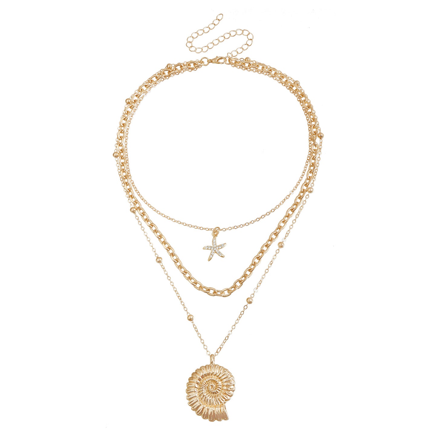 Collana da donna a pendente con conchiglia e stella marina d'ispirazione vintage, con catena a serpente in lega e finitura placcata