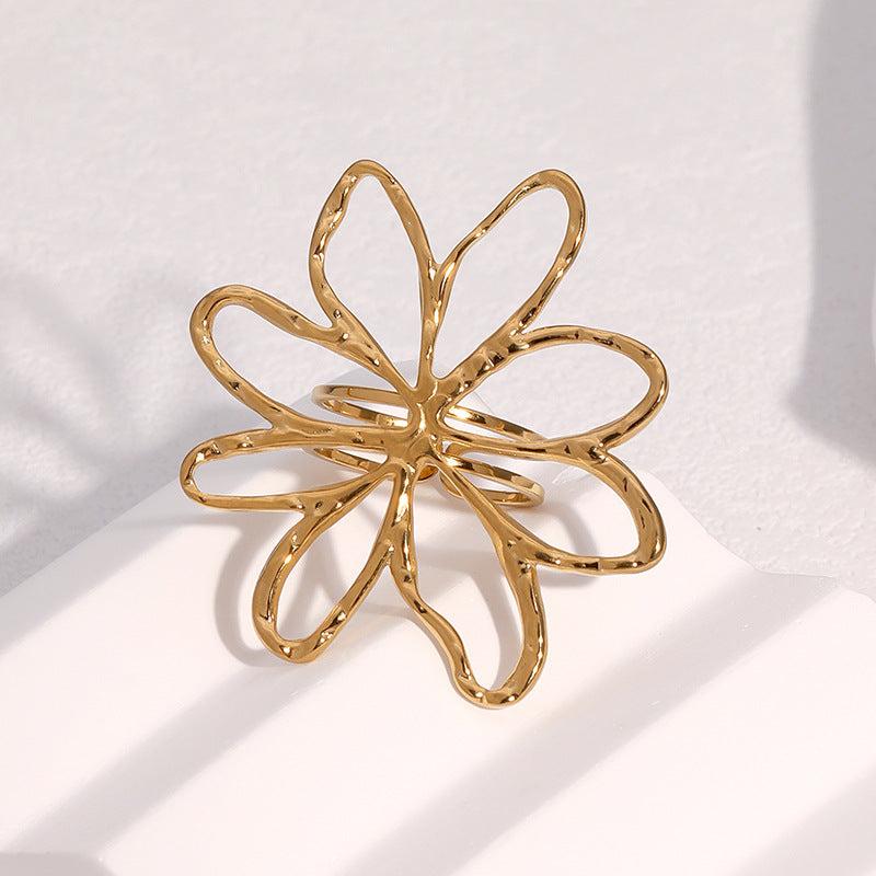Minimalist Hollow Flower Design 18K Gold Plated Stainless Steel Open Ring for Women