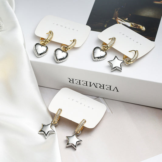 Orecchini da donna asimmetrici minimalisti a forma di cuore e stella in rame con design geometrico e un'estetica dolce