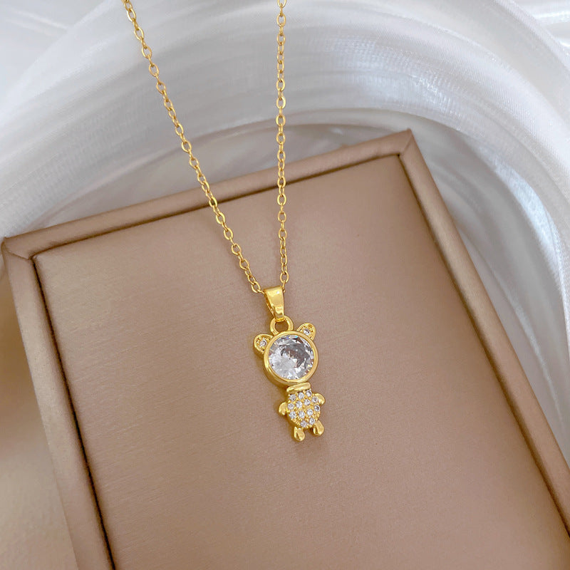 Collana Pendente Orso Minimalista in Acciaio al Titanio con Intarsio di Strass per Donne e Uomini, Catena Locket Regolabile